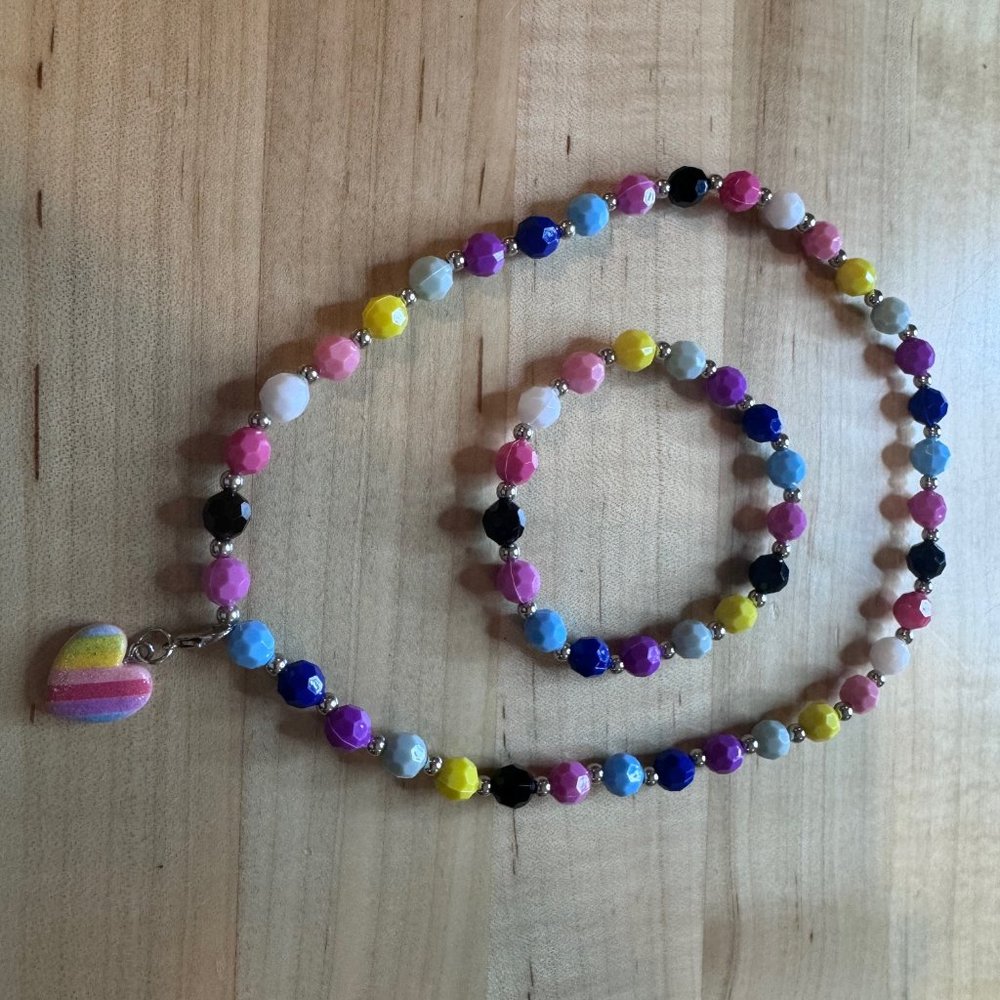 Multicolored beaded necklace with a matching bracelet.